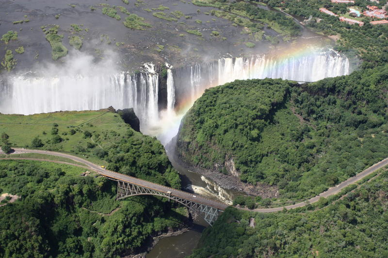 aerial view of victoria falls and bridge