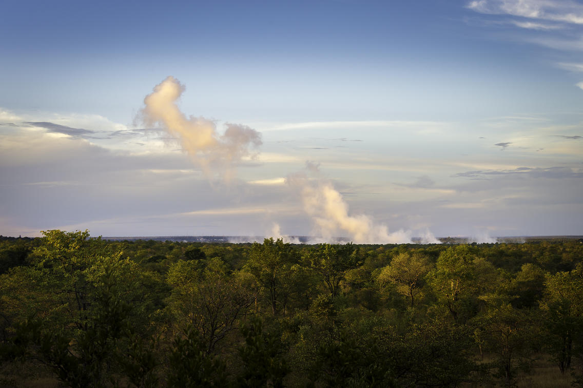 The Elephant Camp view of Victoria Falls spray